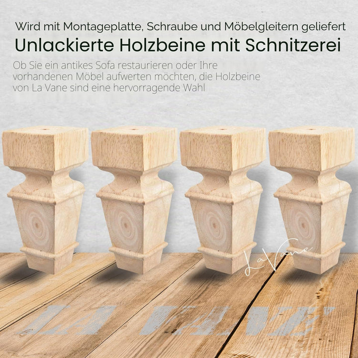 La Vane Möbelbeine aus Holz, geschnitzte Geometrie, unlackiert, Ersatzfüsse mit Montageplatte und Sc