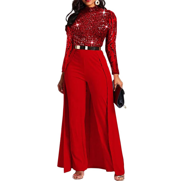 VERWIN Damen-Overall, Patchwork-Overlay, Pailletten, verziert, hohe Taille, langarm L Rot, L Rot
