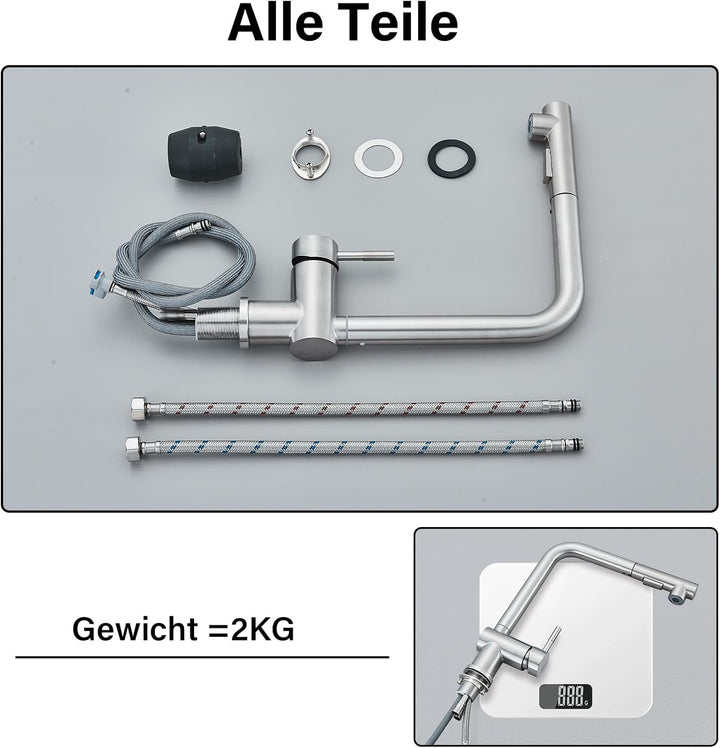 Rozin Küchenarmatur mit Brause Ausziehbar Edelstahl Gebürstetes Nickel 360 Grad Drehung Hochdruck Wa