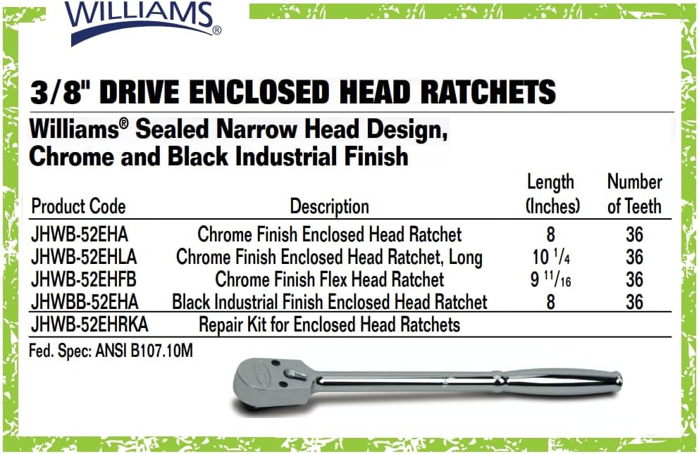 Williams B-52A 3/8-Zoll-Rundkopfratsche Rundkopf-Ratsche 7 5/8 Inch Chrom-finish, Rundkopf-Ratsche 7