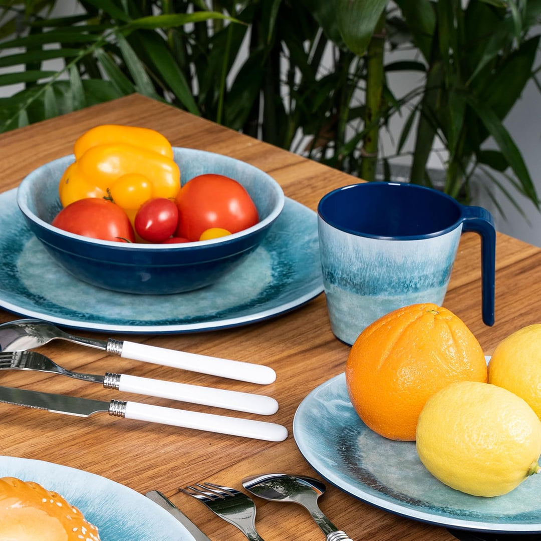 Melamin Geschirr Set Adria Blue für 4 Personen Blau - Steingutoptik Spülmaschinengeeignet Essgeschir