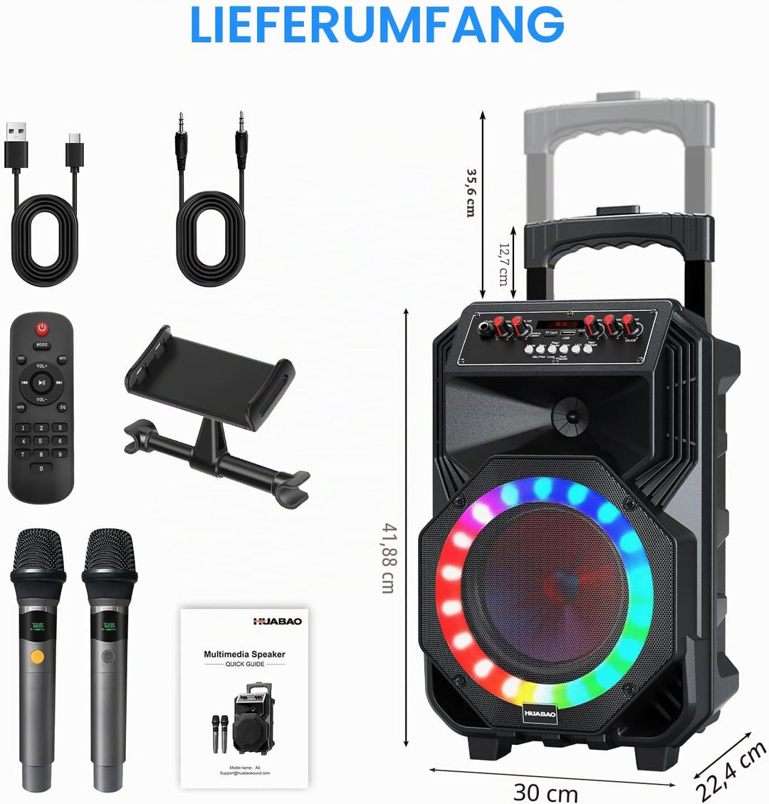 Karaoke-Maschine mit 2 drahtlosen Mikrofonen, rollenden Rädern und Trolley - 8800mAh tragbarer Bluet