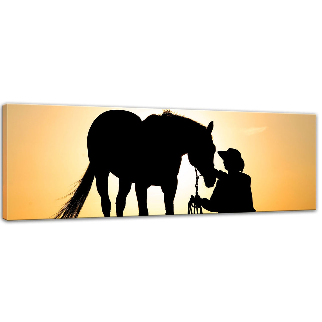 Bilderdepot24 Bild auf Leinwand | Pferd mit Cowboy I in 90x30 cm als Panorama Wandbild | Wand-deko D