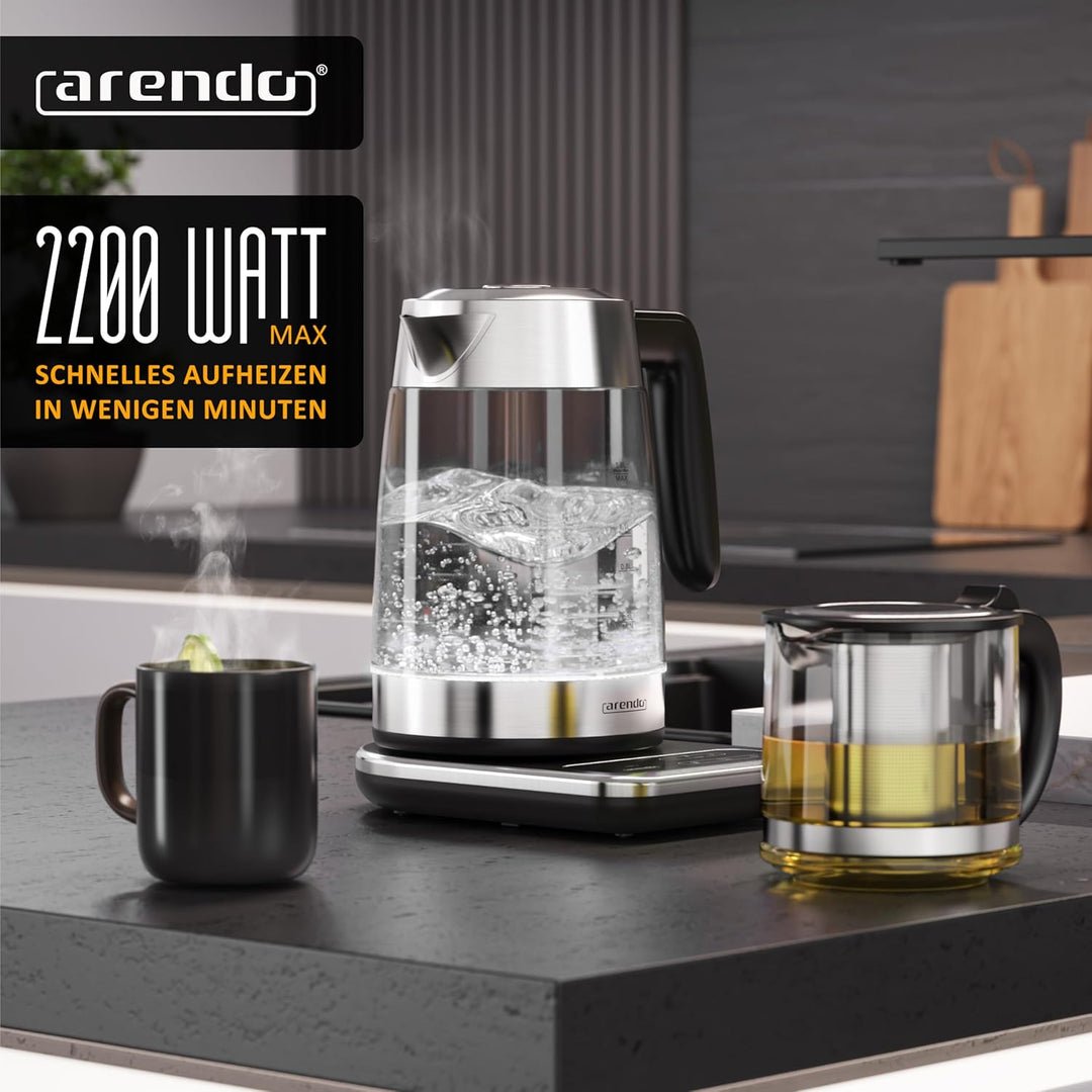Arendo - Wasserkocher Glas inkl. Teekocher - mit Temperatureinstellung 1,8 Liter - Edelstahl Teekoch