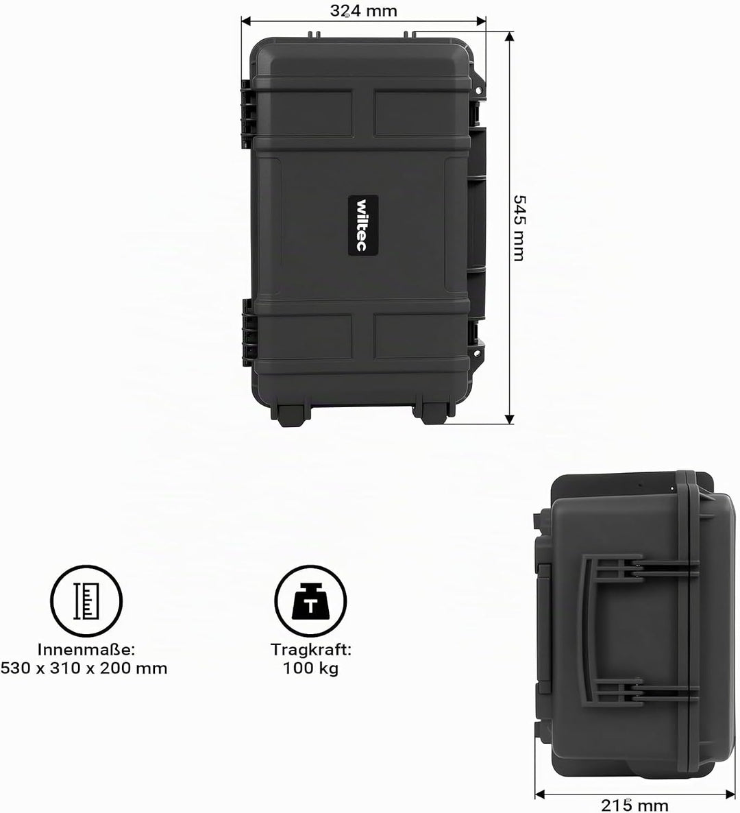 Wiltec Universalkoffer 54,5 x 32,4 x 21,5 cm, wasserdichter Transportkoffer mit Rollen, Schutzkoffer