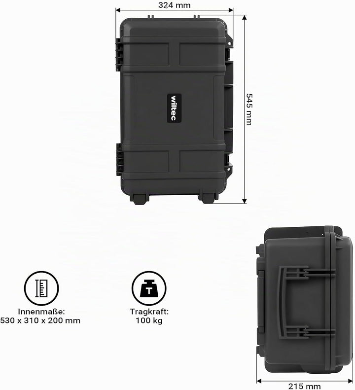 Wiltec Universalkoffer 54,5 x 32,4 x 21,5 cm, wasserdichter Transportkoffer mit Rollen, Schutzkoffer