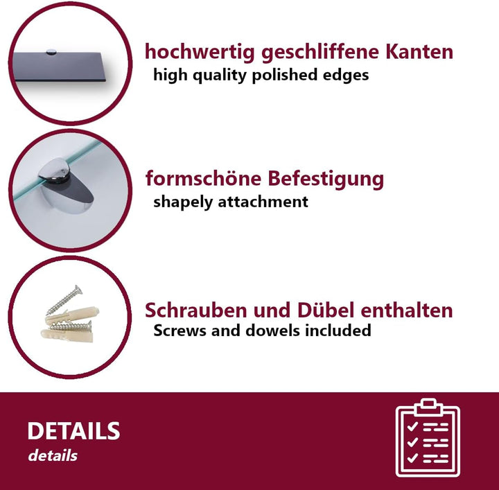 Euro Tische Wandregal aus Glas mit 6mm ESG Sicherheitsglas - Ideal als Badregal/Glasregal für Badezi
