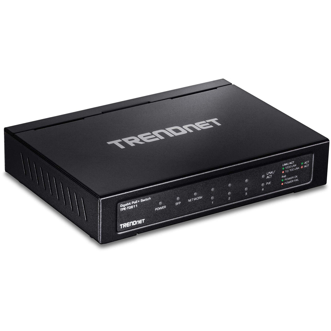 TRENDnet TPE-TG611 6-Port-Gigabit-Poe+-Switch, 4 Gigabit-Poe+-Ports, 1 Gigabit-Port, 1 SFP-Steckplat