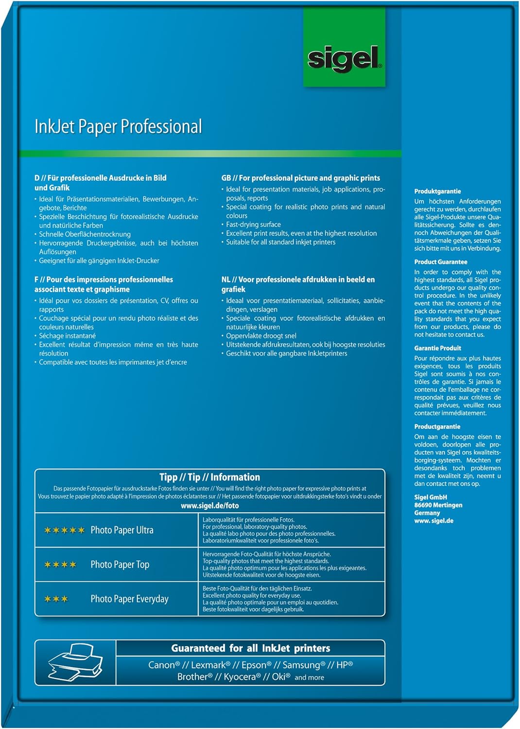 SIGEL IP288 InkJet-Papier Professional, A4, 200 Blatt, spezialbeschichtet matt, weiss, 95 g 200 Blat