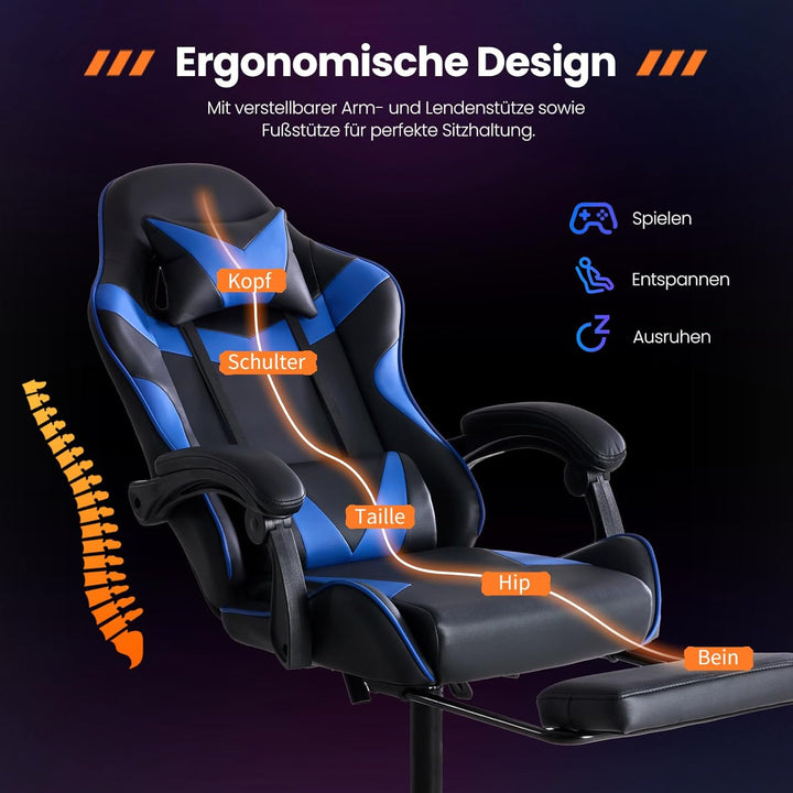 Sweetcrispy Gaming Stuhl, Gaming Chair mit Fussstütze Kopfstütze Lendenwirbelstütze, Ergonomischer P