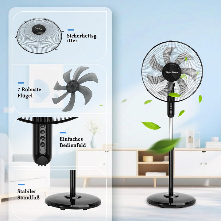 Taylor Swoden Standventilator, 7 Flügel, 3 Geschwindigkeitsstufen, 50w Hoher Luftdurchsatz Oszillier