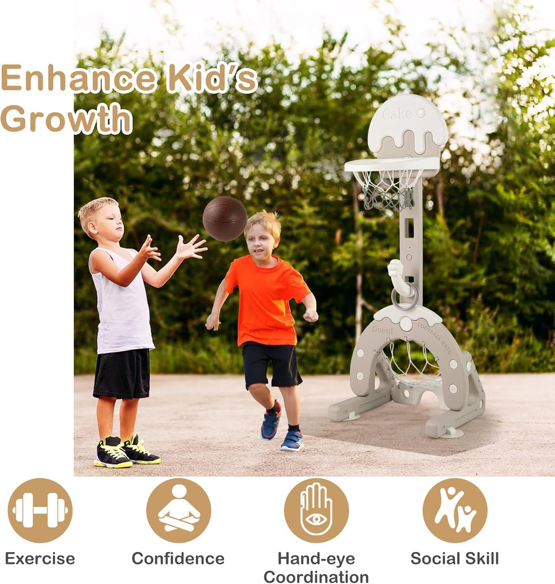HOMASIS 4 in 1 Kinder Basketballkorb Set, multifunktional Basketballständer mit Fussballtor & Golf &