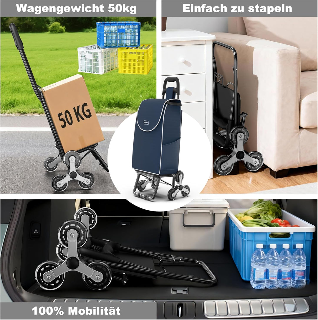 Einkaufswagen Klappbar 56L, Einkaufstrolley Treppensteiger, Trolly Einkaufswagen Klappbar, Hackenpor