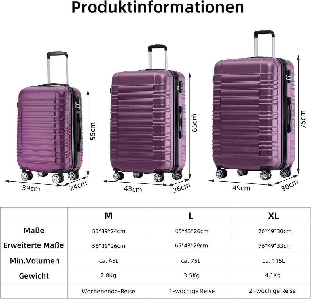 BEIBYE 2088 Zwillingsrollen Reisekoffer Koffer Trolleys Hartschale M-L-XL-Set (Violett, M) Violett M