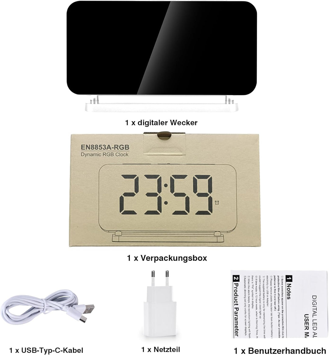 SZELAM Digital,Wecker Nachttisch,7,4" LED-Spiegeluhr mit 10 Modi RGB-Nachtlicht,11 Farben Digitalanz