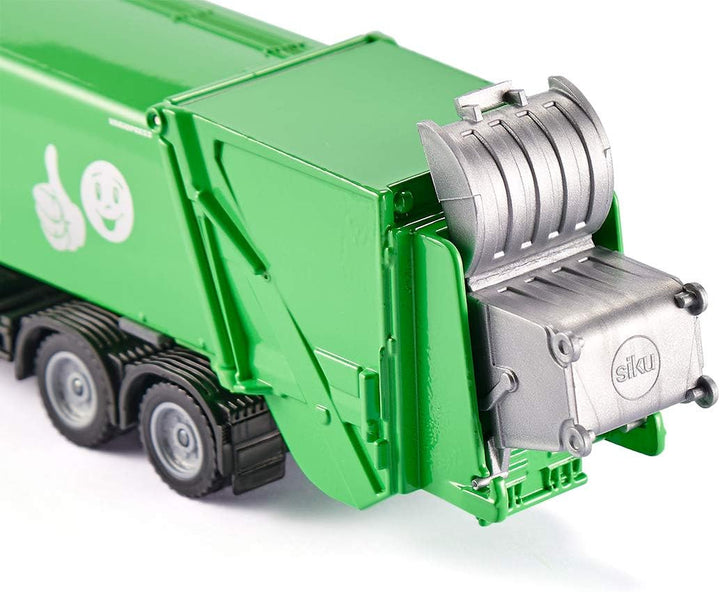siku 2938, Müllwagen, 1:50, Metall/Kunststoff, Grün/Weiss, Öffenbarer Heckbereich, Inkl. Mülltonne,