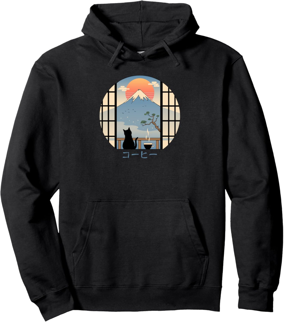 Kaffeekatze im Berg Fuji Pullover Hoodie