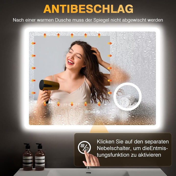 Uhr-Funktion Badspiegel mit Beleuchtung 80 x 60 cm, 3 Lichtfarben Einstellbar, Dimmbar, Antibeschlag