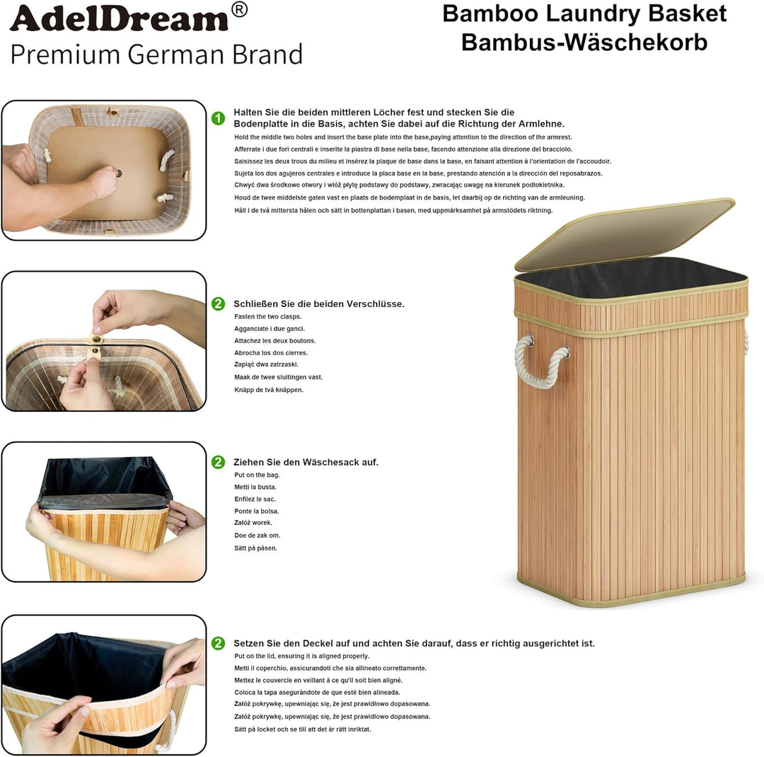 AdelDream 72L Wäschekorb aus Bambus Wäschebehälter mit Deckel Karbonisiert Waschbox Wäschetrennsyste