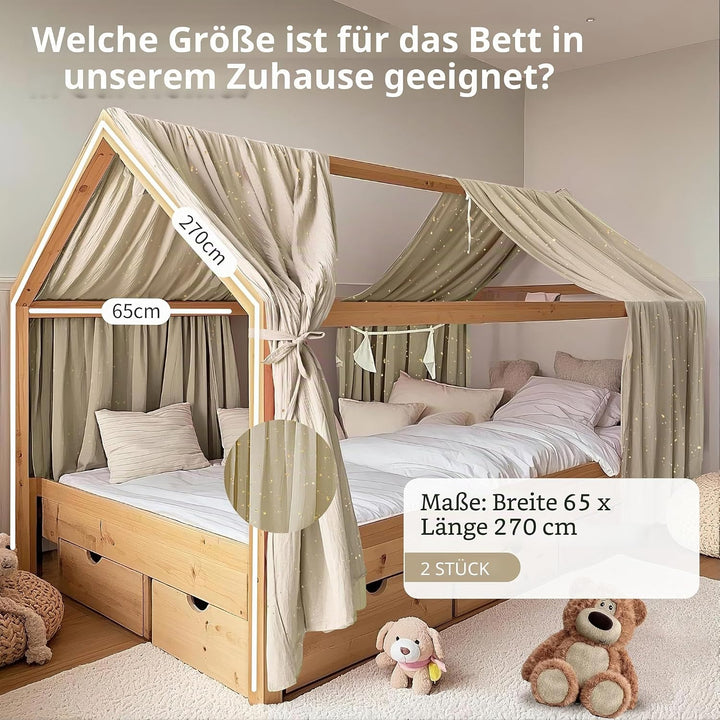 Hausbett Himmel mit Gold Applikation 2 Stück, handgefertigt aus 100% Baumwoll-Musselin, Stoffhimmel