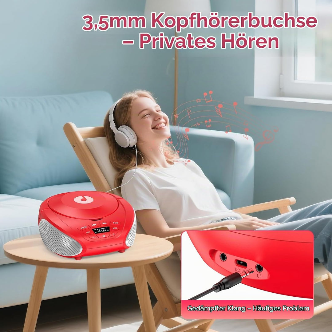 Gueray Tragbarer CD-Player Boombox Kompakt-Radio mit Stereo-Lautsprechern UKW-Radio 3,5-mm-AUX-Einga