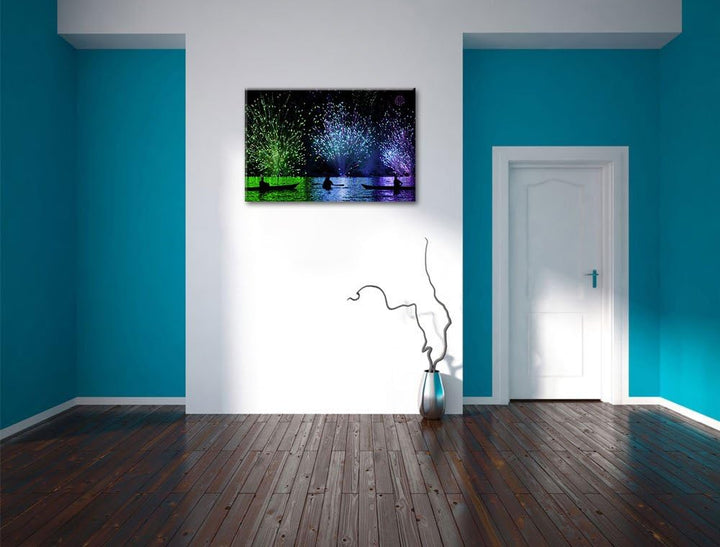Feuerwerk auf dem Wasser, Format: 100x70 auf Leinwand, XXL riesige Bilder fertig gerahmt mit Keilrah