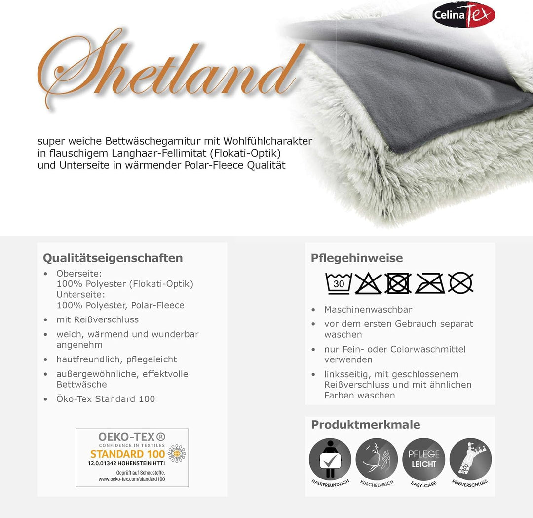 CelinaTex Shetland Bettwäsche 155 x 200 cm 4-teilig grau Polar-Fleece Bettbezug Flokati Optik Bett G