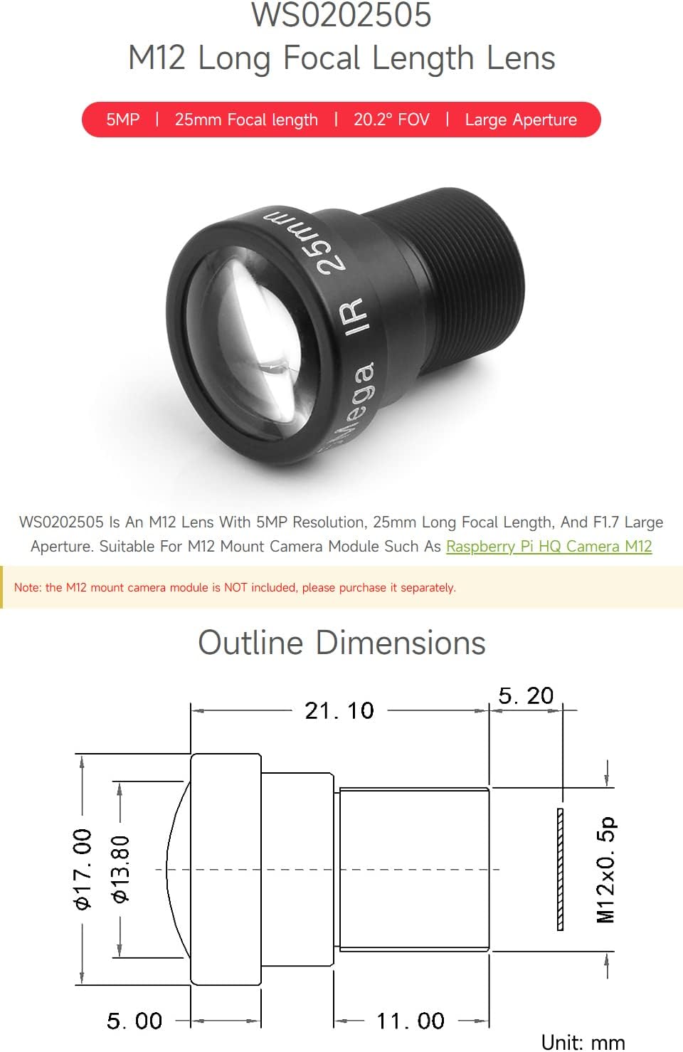 Waveshare M12 Long Focal Length Lens,5MP,25mm Focal Length,Large Aperture,Compatible with Raspberry