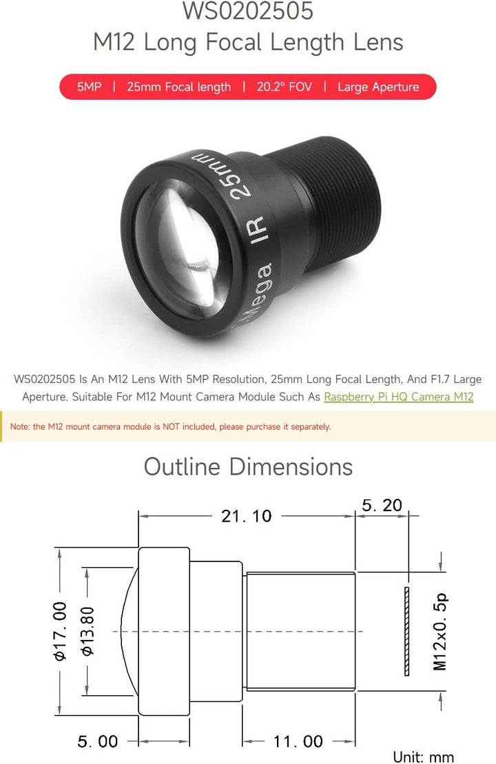 Waveshare M12 Long Focal Length Lens,5MP,25mm Focal Length,Large Aperture,Compatible with Raspberry