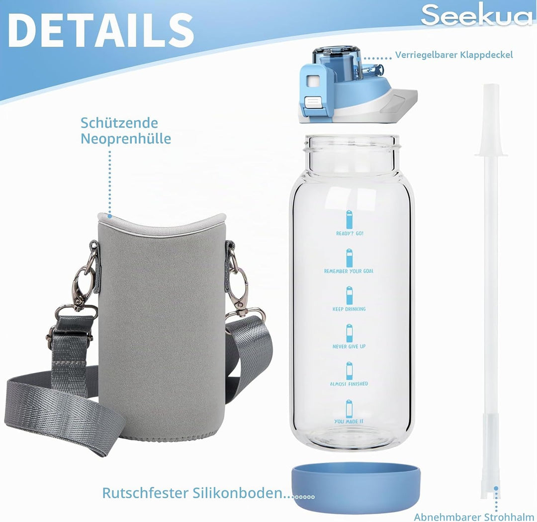 Seekua 0.6l Sport Trinkflasche Glas Flasche mit Strohhalm &amp; Zeitmarkierung für Kinder, Schule 600ml