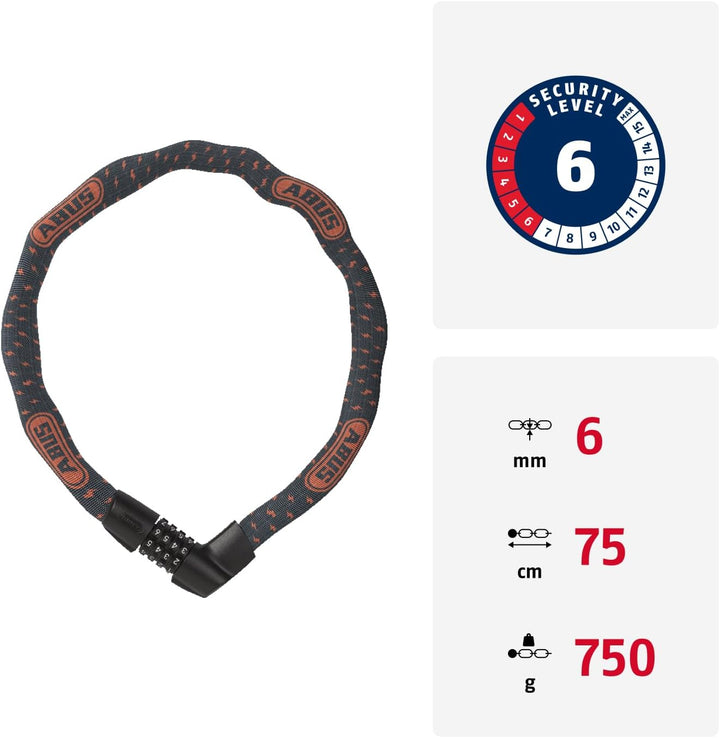ABUS Kettenschloss Tresor 1385/75 – Zahlenschloss aus gehärtetem Stahl – 6 mm starke Vierkantkette –