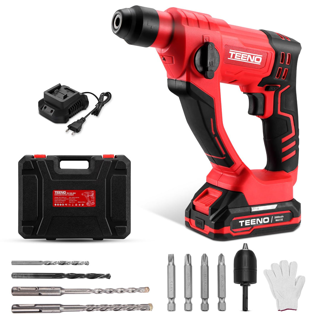 TEENO Bohrhammer, kabellos, mit Akku und Ladegerät, Schlagkraft 1,2 J, Bohrleistung für Beton 14 mm