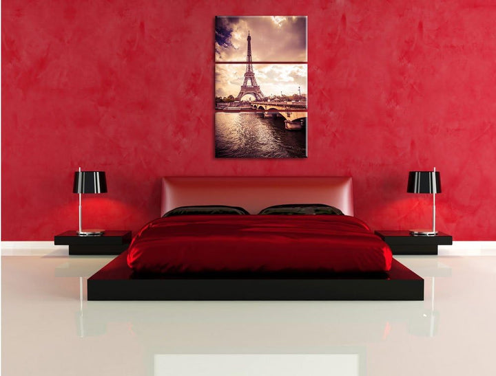 Pixxprint Eiffelturm in Paris / 3-Teilig/Gesamtmass 120cm Leinwandbild bespannt auf Holzrahmen/Wandb