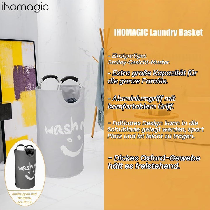 IHOMAGIC 2er Wäschekorb 91L Faltbar Wäschesammler Wäschetonne Stoff Wäschebox mit Griff, Gross Wäsch