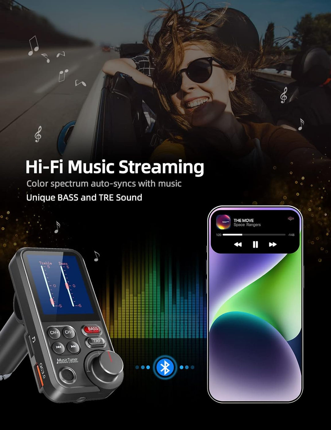 Nulaxy Bluetooth Adapter Auto, Starkes Mikrofon FM Transmitter Auto Bluetooth mit 1,8-Zoll-Farbbilds