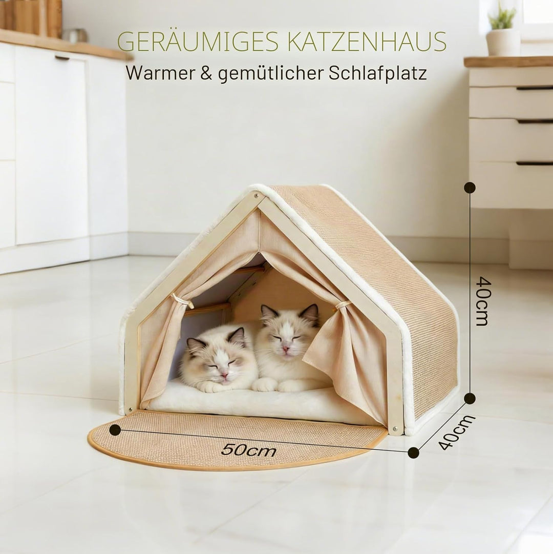 2-in-1 Katzenhaus Mit Kratzbrett Aus Holz, Katzenzelt Indoor Mit Sisal Kratzfläche Und Weichem Plüsc