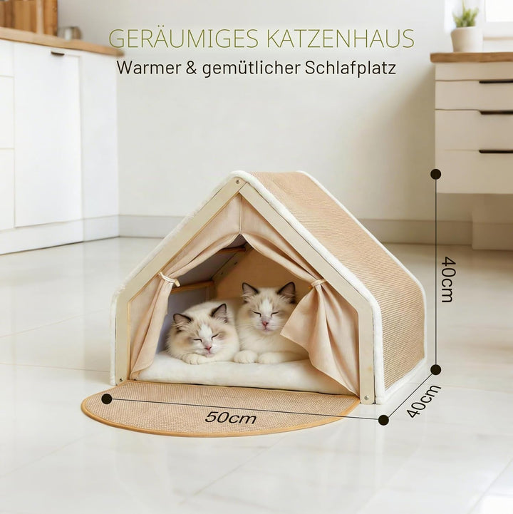 2-in-1 Katzenhaus Mit Kratzbrett Aus Holz, Katzenzelt Indoor Mit Sisal Kratzfläche Und Weichem Plüsc