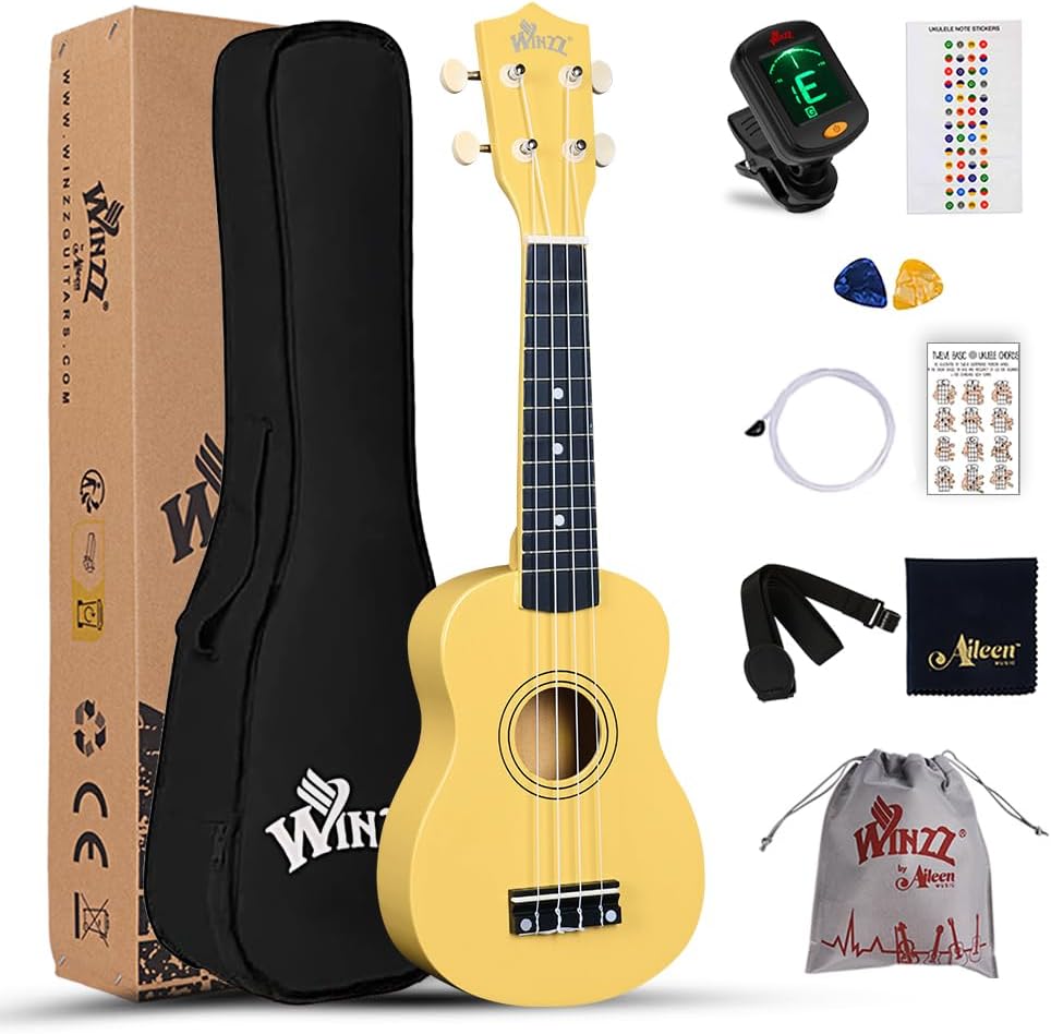 Winzz Sopran Ukulele Starter Kit für Anfänger mit Tasche, Clip-On Tuner, Zusätzlichen Saiten, Gurt,