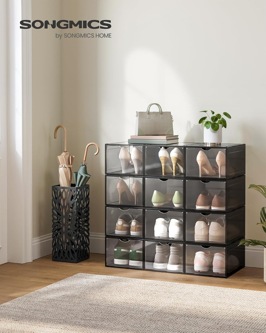 SONGMICS Schuhboxen, Schuh-Organizer aus Kunststoff, mit Tür, durchsichtig, Kunststoffboxen, 12er Se