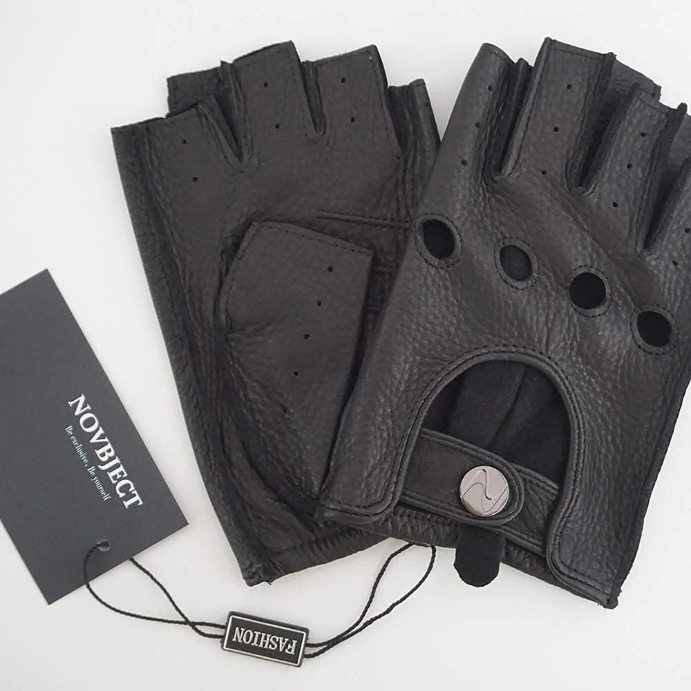 NOVBJECT Herren Fingerlose Lederhandschuhe Hirschleder Halber Finger Ungefüttert Motorrad Outdoor Au