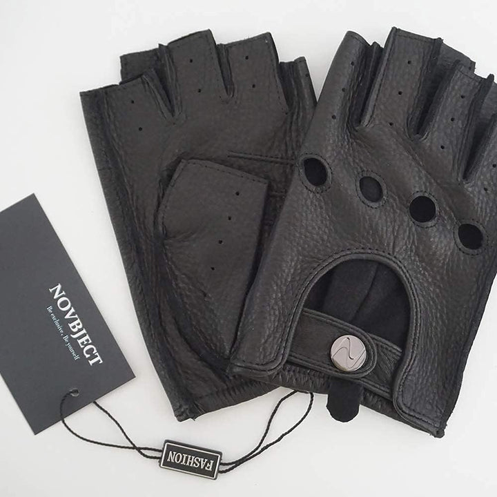 NOVBJECT Herren Fingerlose Lederhandschuhe Hirschleder Halber Finger Ungefüttert Motorrad Outdoor Au