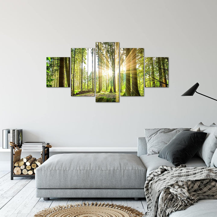 Runa Art Bild Schlafzimmer Wohnzimmer Wald Landschaft 5 Teilig Sonne Grün Wandbilder auf Vlies Leinw