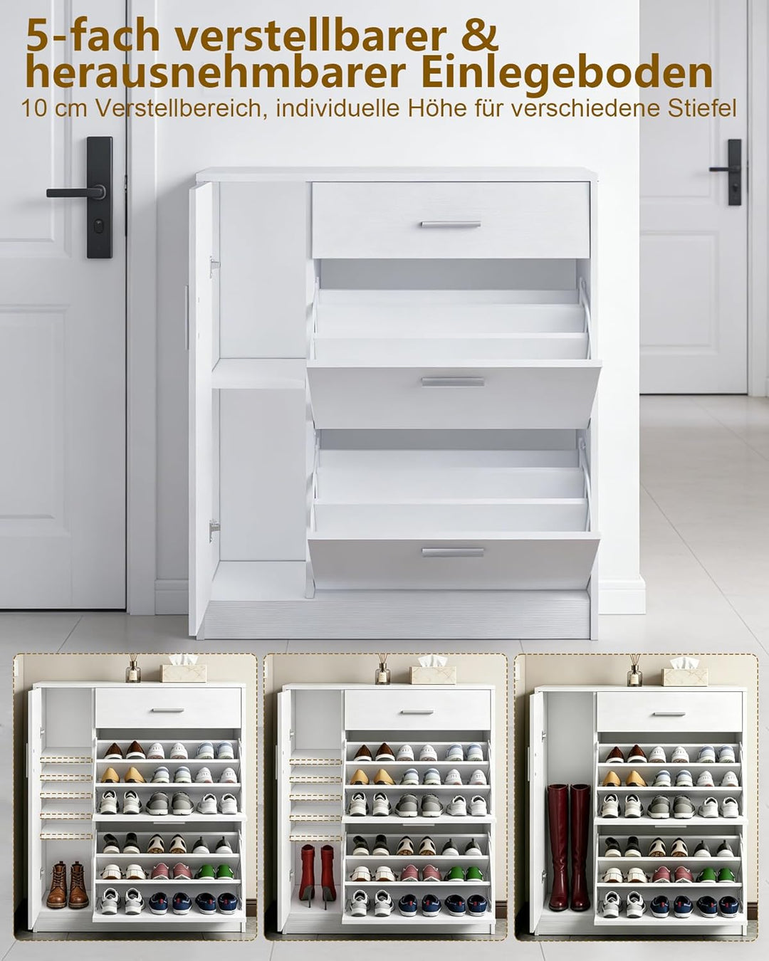 Schuhschrank in Weiss Holz - Flur Schrank Kommode Anrichte Schuhregal Schuhkipper mit 2 Klappen 1 Tü