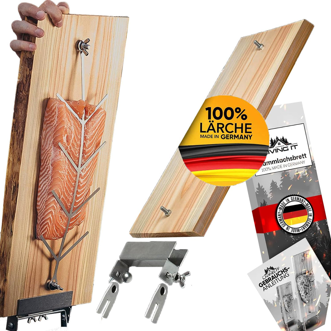 Flammlachsbrett mit Halterung aus Edelstahl (100% Made IN Germany) Lachsbrett aus 100% hochwertiger