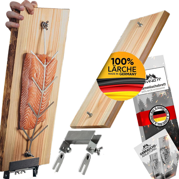 Flammlachsbrett mit Halterung aus Edelstahl (100% Made IN Germany) Lachsbrett aus 100% hochwertiger