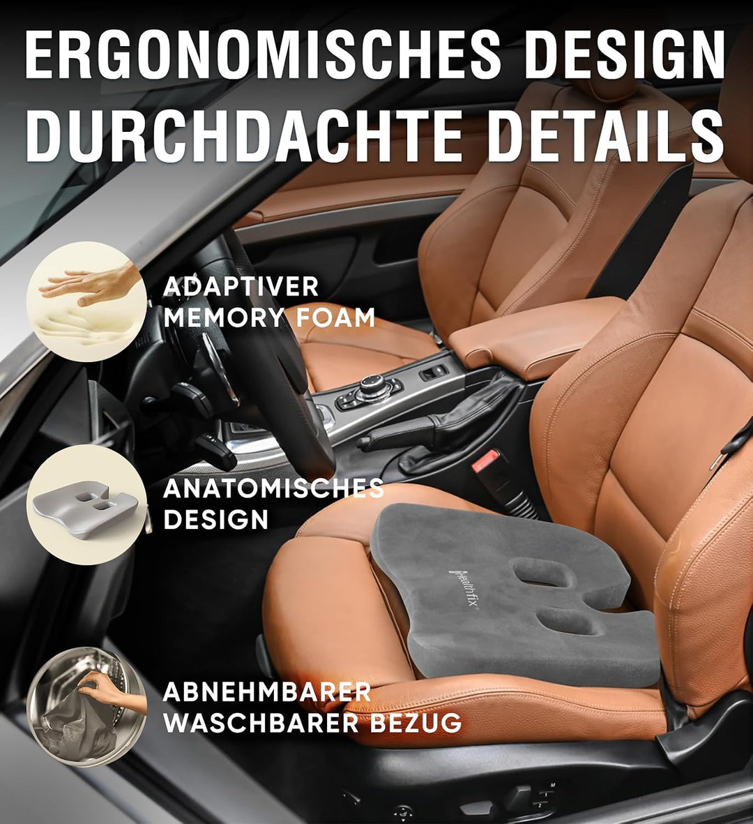 Healthfix Auto Sitzkissen [Verbessertes Design 2026], Autositzkissen zur Druckentlastung von Steissb