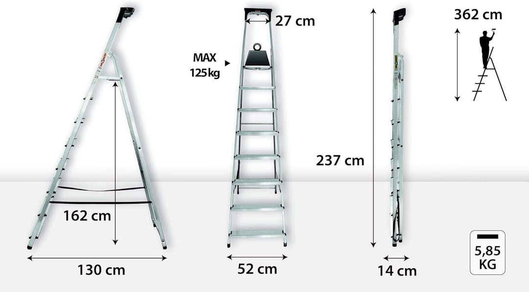 Drabest - Haushaltsleiter - Stehleiter - 8 Stufen - Arbeitshöhe 3,62m - Klappleiter aus Aluminium, m