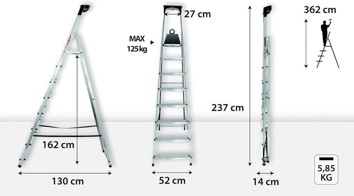 Drabest - Haushaltsleiter - Stehleiter - 8 Stufen - Arbeitshöhe 3,62m - Klappleiter aus Aluminium, m