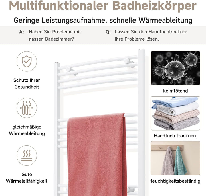Badheizkörper Elektrisch Weiss 1150x600 mm Gebogen Handtuchwärmer Handtuchheizkörper Elektrisch mit
