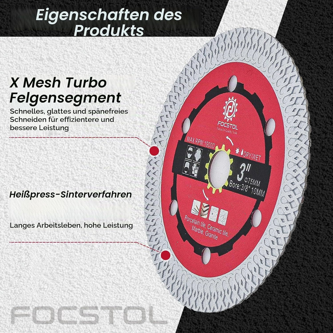 FOCSTOL Diamant Trennscheibe - 2 Stück 75mm Fliesentrennscheibe für Porzellan Keramikfliesen Marmor
